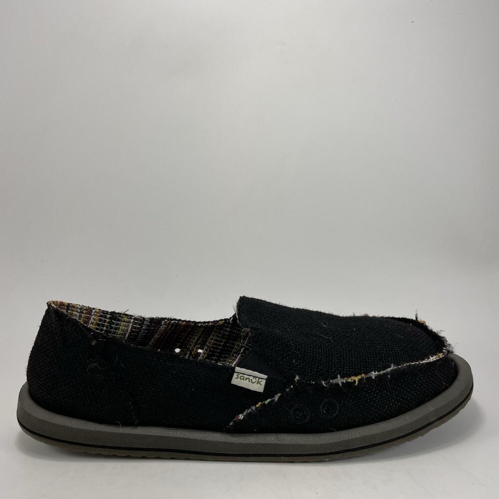 Sanuk Donna Slip On Casual Canvas Sneakers Womens Size 8 Black Beach Surfer